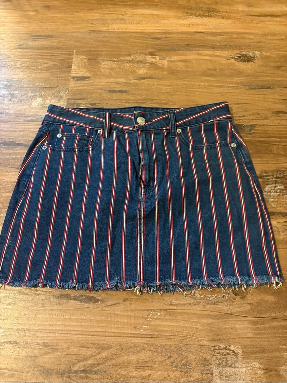American Eagle Outfitters Navy Denim Mini Skirt with Red & White Stripes
